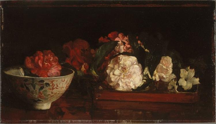 John La Farge Flowers on a Japanese Tray on a Mahogany Table